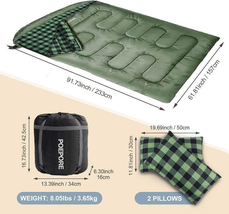 POEPORE Double Sleeping Bag Flannel for Adults with 2 Pillows 2 Person Sleeping Bags Camping XXL Queen Size Two Person Sleeping Bag for Cold Weather - Image 2